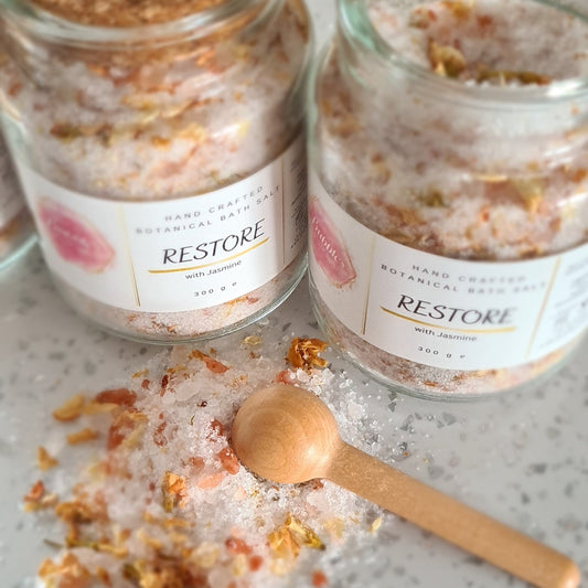 “Restore bath salt with jasmine flowers and essential oil”
“Jasmine mineral soak with Epsom and Dead Sea salts for calming baths”