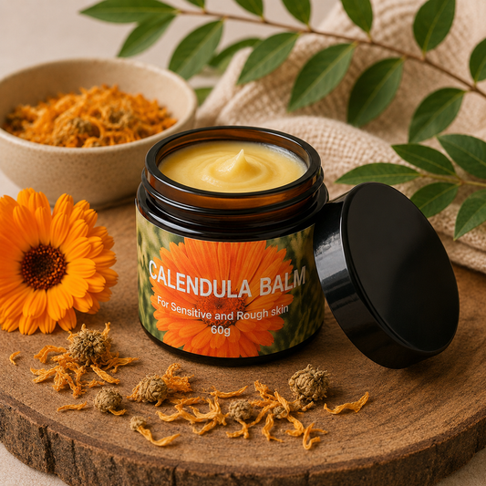 An open amber jar of Calendula Balm with its black lid resting beside it on a rustic wooden slice. The jar label features a large orange calendula flower and text reading 'CALENDULA BALM For Sensitive and Rough skin 60g'.