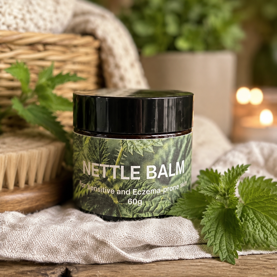 A jar of Nettle Balm with a black lid and a green leaf-patterned label, styled on a rustic wooden surface with fresh nettle leaves, a woven basket, and a soft beige blanket in a warm, blurred background.