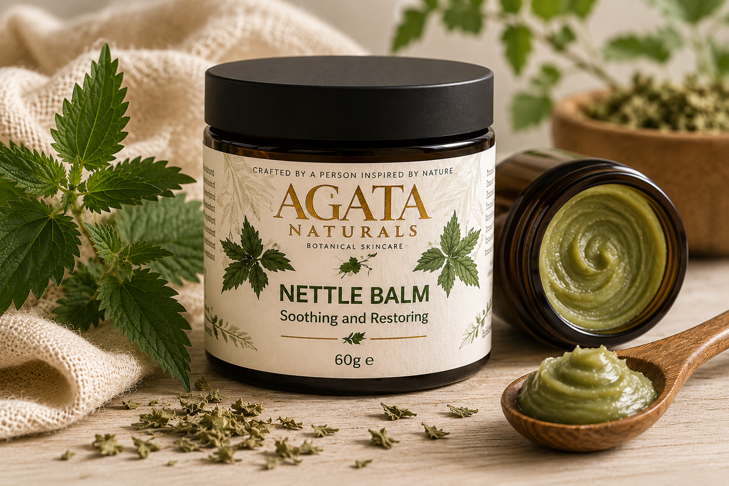 Agata Naturals Nettle Balm jar with a wooden spoon filled with balm on a natural background.